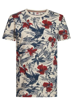 Beige short-sleeve t-shirt with navy blue birds and red floral pattern covering the entire fabric.