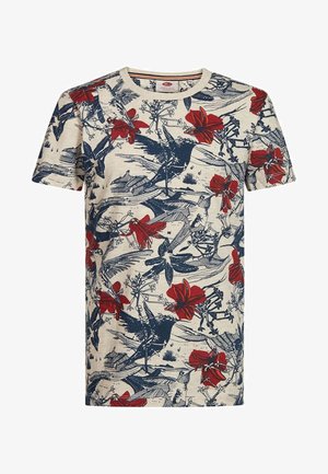 Beige short-sleeve t-shirt with navy blue birds and red floral pattern covering the entire fabric.