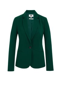 Zelený blazer s klopovým límcem, uzávěr na jeden knoflík a dvěma předními kapsami. Hladká tkanina s přiléhavým střihem a dlouhými rukávy.