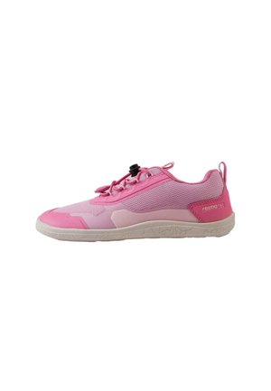 Pink athletic sneaker with mesh upper, elastic lace toggle, and light beige sole, branded "reimatec" on heel.