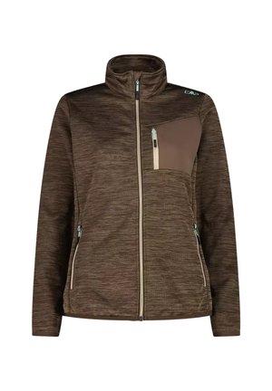 Chaqueta polar marrón con cremallera, cuello alto, bolsillo en el pecho en contraste y dos bolsillos laterales con cremallera.
