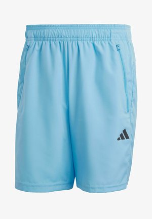 Calções atléticos azul claro feitos de tecido suave, com um cós elástico e bolsos laterais com fecho, apresentados com um detalhe do logótipo preto.