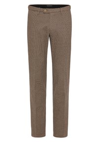 Bruine geruite broek met een rechte snit, voorzien van een rits en knoopsluiting. Gemaakt van een lichtgewicht, gestructureerde stof.