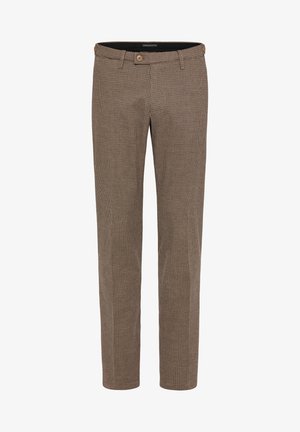 Brązowe spodnie w kratkę o prostym kroju, z zamkiem błyskawicznym i zapięciem na guzik. Wykonane z lekkiego, fakturowanego materiału.