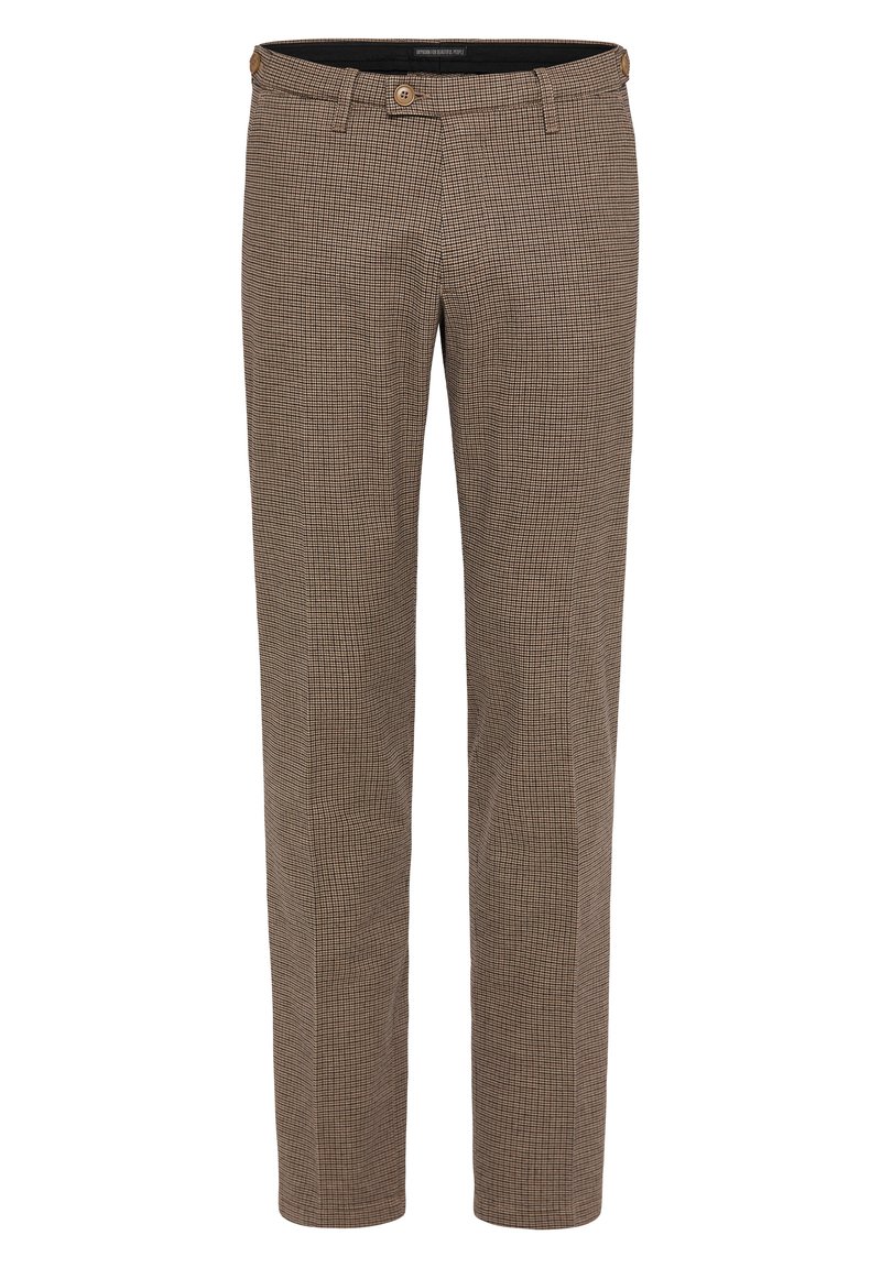 Bruine geruite broek met een rechte snit, voorzien van een rits en knoopsluiting. Gemaakt van een lichtgewicht, gestructureerde stof.