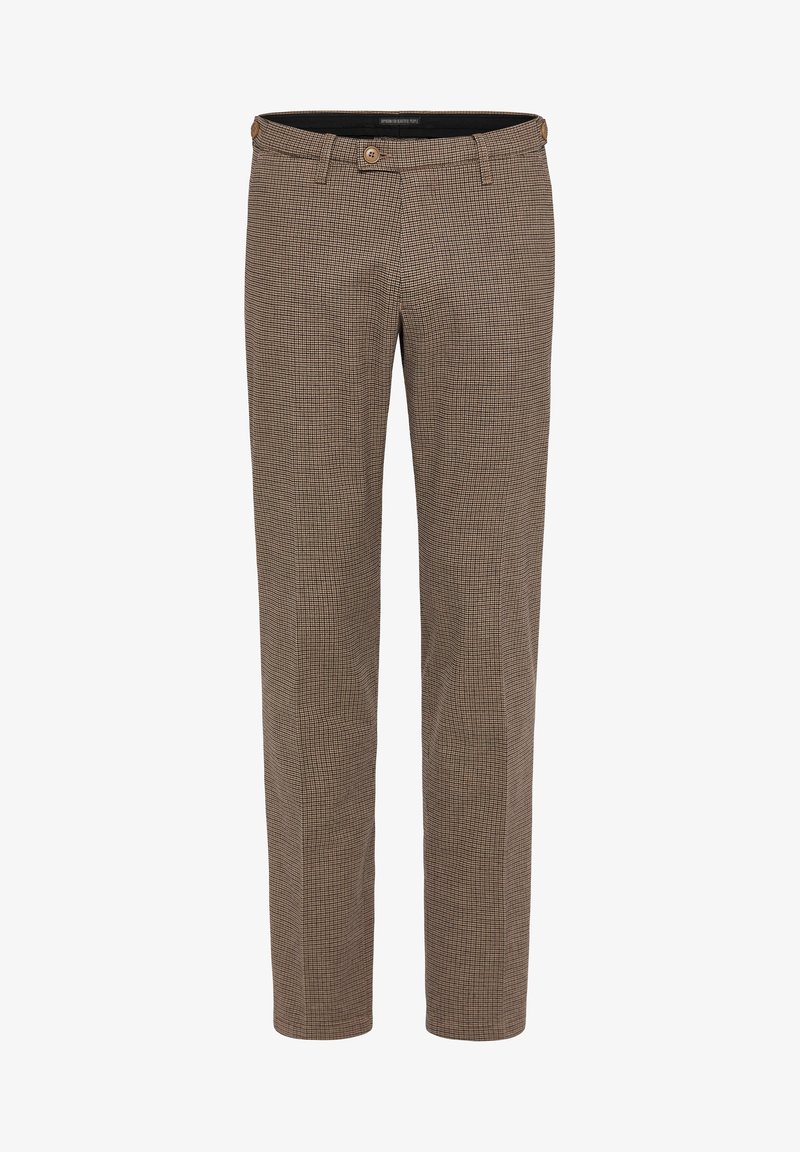 Bruine geruite broek met een rechte snit, voorzien van een rits en knoopsluiting. Gemaakt van een lichtgewicht, gestructureerde stof.
