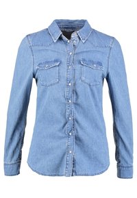 Ljusblå jeansskjorta med långa ärmar, knappstängning framtill, två bröstfickor och en spetsig krage. Har kontrastsömmar.
