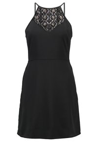 Robe noire sans manches avec une coupe ajustée, comportant un corsage en perles à motifs et des bretelles fines. Texture du tissu lisse.