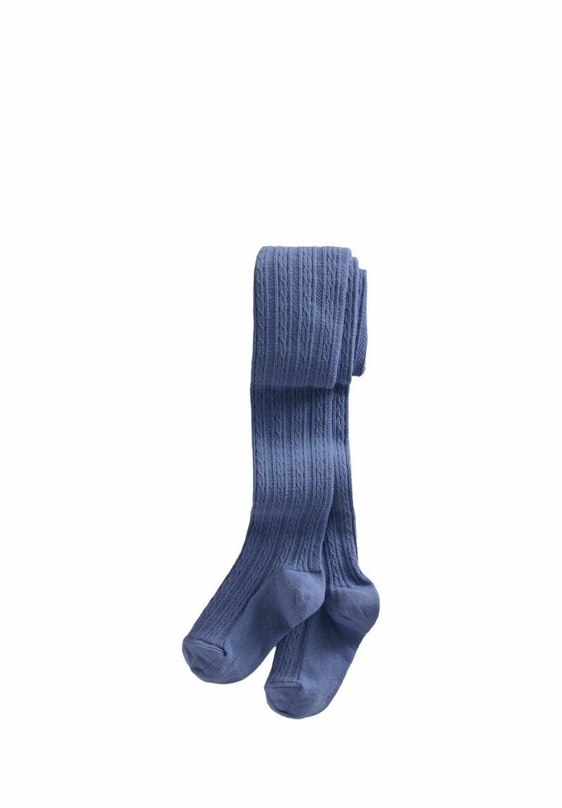 Siniset ribbikuviolliset sukkahousut pehmeästä kankaasta, joissa on hienovarainen tekstuuri ja saumaton muotoilu, päättyen suljettuihin varvasosiin.