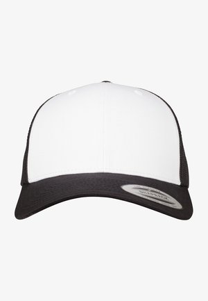 Weiße Vorderseite Kappe mit schwarzem Netzrücken, gebogenem Schirm und verstellbarem Druckverschluss. Keine sichtbaren Muster oder Akzente.