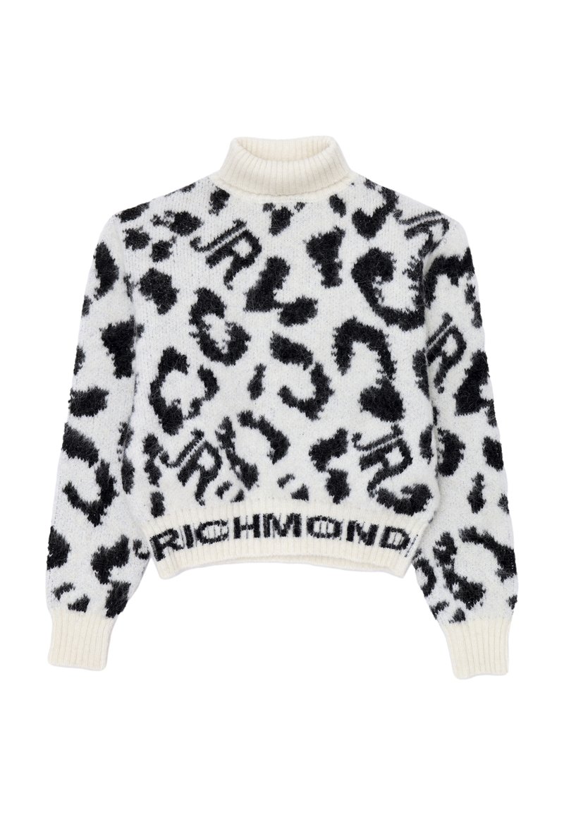 Pullover a stampa leopardata in bianco e nero con colletto alto, polsini a coste e un bordo lavorato a maglia con la scritta "RICHMOND" all'orlo.