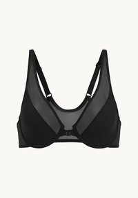 Svart ogenomskinlig BH med ett meshöverdrag. Har en V-formad halsringning, justerbara axelband och framknäppning. Slät textur och minimal detaljering.