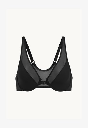 Svart ogenomskinlig BH med ett meshöverdrag. Har en V-formad halsringning, justerbara axelband och framknäppning. Slät textur och minimal detaljering.