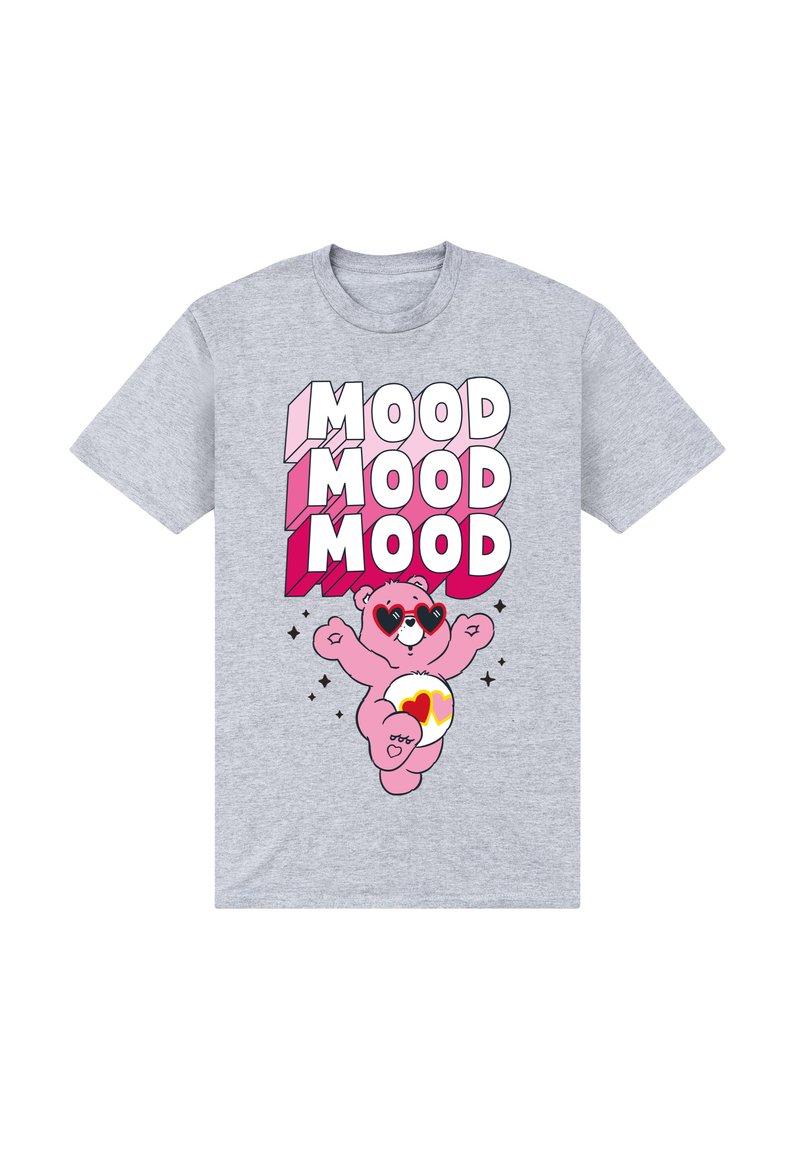 Šedé bavlněné tričko s růžovým kresleným medvědem v brýlích ve tvaru srdce, obklopeným textem "MOOD" v různých odstínech růžové.