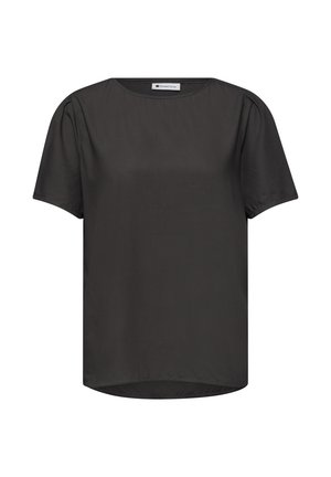 Zwarte blouse met korte mouwen, ronde hals, lichte plooitjes op de schouders en een afgeronde zoom, voorkant zichtbaar tegen een witte achtergrond.