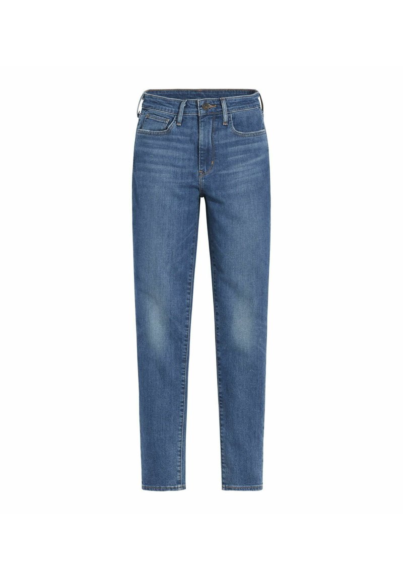 Blaue Denim-Jeans mit geradem Bein, ausgestattet mit einem klassischen Fünf-Taschen-Design, verblichenen Details und einem Knopf- sowie Reißverschluss.