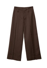 Brązowe spodnie typu wide-leg w cienkie białe pionowe prążki, z pętelkami na pasek i kieszeniami z przodu.