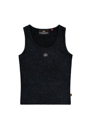 Camiseta sin mangas negra hecha de tela suave con un escote redondeado y tirantes anchos. Presenta un pequeño logotipo en el centro y una textura sutil.