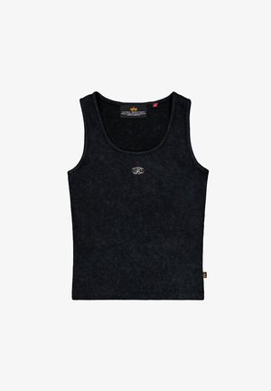 Camiseta sin mangas negra hecha de tela suave con un escote redondeado y tirantes anchos. Presenta un pequeño logotipo en el centro y una textura sutil.