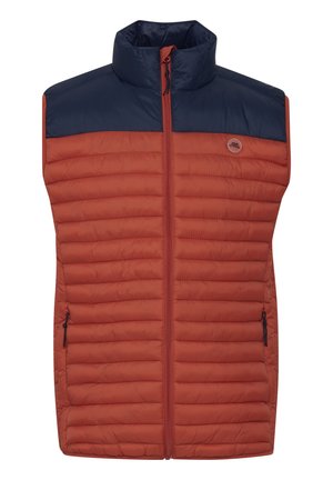 Paminkštintas liemenė su raudonai-oranžine kūno dalimi ir tamsiai mėlyna viršutine dalimi, turinti aukštą apykaklę, priekinį užtrauktuką ir šonines kišenes. Horizontalių siūlių dizainas.