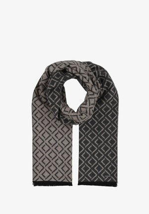 Sciarpa lavorata a maglia in nero e beige con un motivo geometrico a diamanti. I bordi presentano un dettaglio frangiato per una maggiore texture.