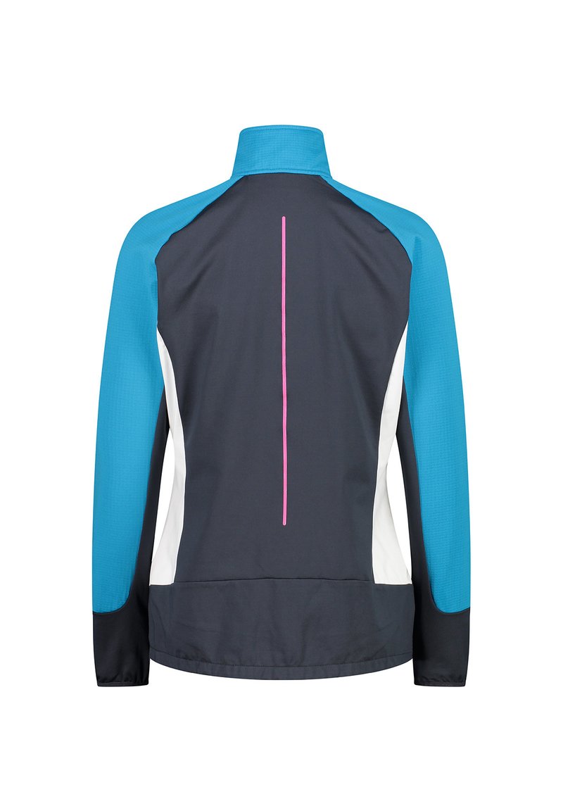 Giacca con colletto alto, sezioni blu e bianche, corpo nero e una striscia verticale rosa sul retro, realizzata in materiale leggero.