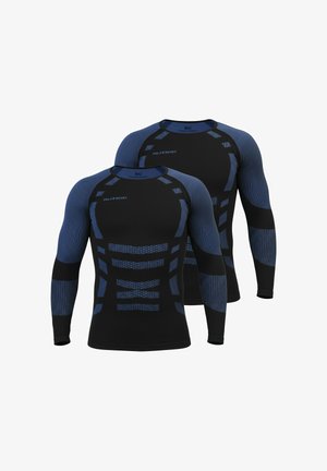 Schwarze, langärmlige Sportshirts mit blauen Akzenten, die eine körperbetonte Passform und strukturierte Muster am Körper und an den Ärmeln aufweisen.