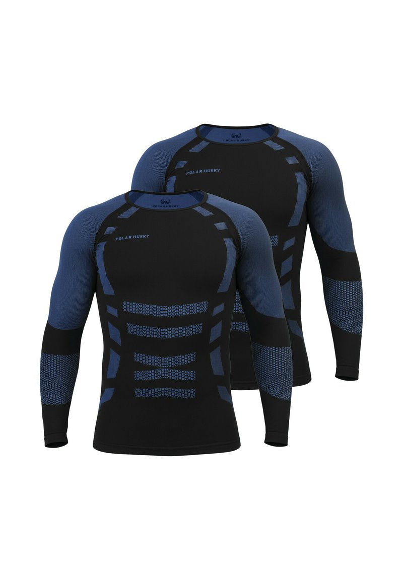 Black long-sleeve athletic shirts with blue accents, featuring a fitted design and textured patterns across the body and sleeves.