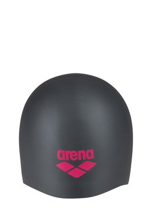 Čierna silikónová plavecká čiapka s ružovým logom "arena" a tromi diamantovými tvarmi v strede vpredu.