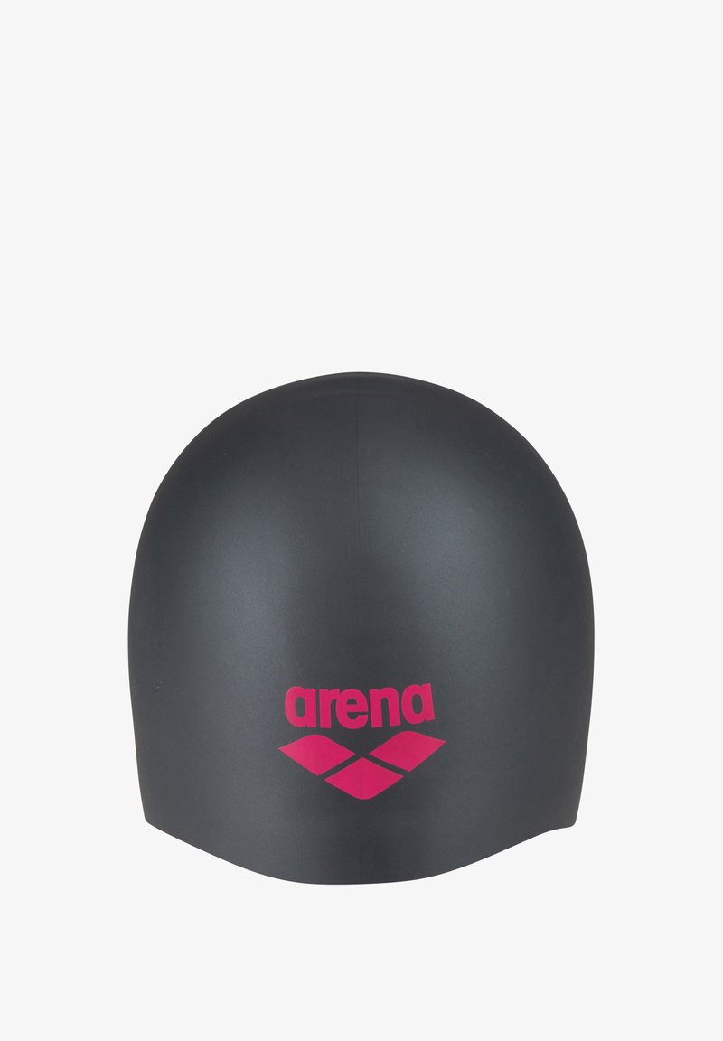 Black silicone swim cap with pink "arena" logo and three diamond shapes centered on front.