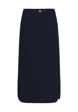 Tengerészkék egyenes midi szoknya elülső gombos záródással, övhurkokkal, oldalsó sliccel és lekerekített szegéllyel.