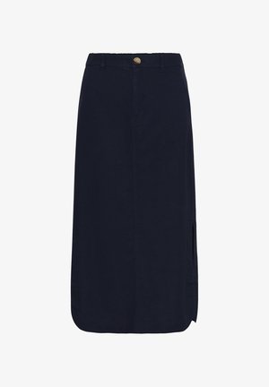 Jupe midi droite bleu marine avec fermeture boutonnée devant, passants de ceinture, fente latérale et ourlet arrondi.