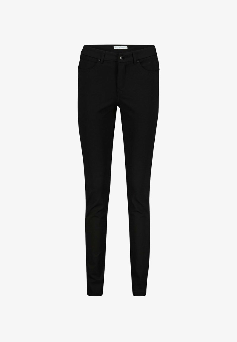Sorte skinny jeans lavet af stræk denim, med et klassisk fem-lomme design, knaplukning og subtile syninger.