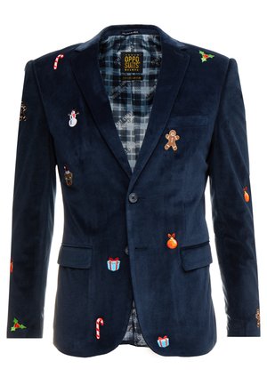 Navy velvet blazer with festive embroidered designs: snowmen, gingerbread, candy canes, and ornaments. Lined with a plaid pattern.