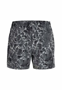 Costume da bagno neri e grigi con un motivo simile all'acqua, cintura elastica e una tasca posteriore. Tessuto morbido e leggero.