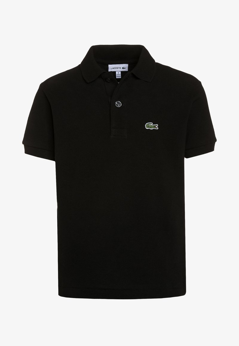 Polo shirt nero realizzato in tessuto testurizzato con patta a due bottoni. Presenta un piccolo logo Lacoste verde ricamato sul petto.