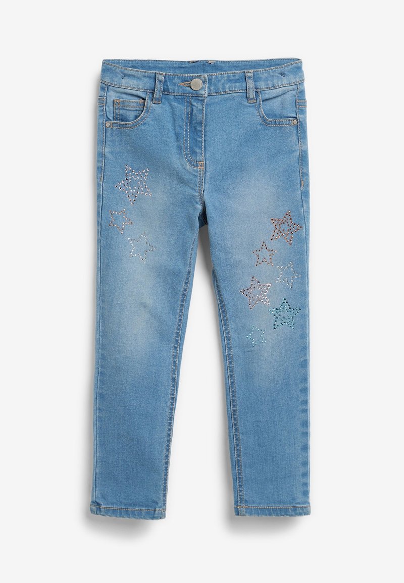 Jeans enfant bleu clair avec poches avant et motifs d'étoiles en strass colorés sur les deux jambes.