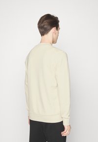 Beige sweatshirt with a crew neck, long sleeves, and ribbed cuffs. The model is shown from the back, wearing black pants.