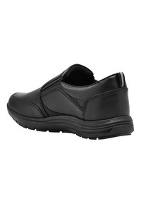 Chaussures noires à enfiler en cuir lisse avec un bout arrondi, des détails de couture subtils et une semelle en caoutchouc texturée pour une meilleure adhérence.