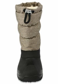 Brauner Stoff-Winterstiefel mit strukturiertem Obermaterial, gerafftem Design, Kordelzugverschluss und robuster schwarzer Gummisohle. Gefüttert mit weichem Material.