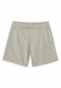 Shorts décontractés gris clair avec taille élastique, deux poches avant et petit logo sur la zone de la poche droite.