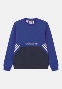 Sininen huppari, jossa on tummansininen alaosa, kolme valkoista raitaa vasemmalla puolella ja brodeerattu Adidas-logo rinnassa. Normaali pyöreä kaula-aukko.