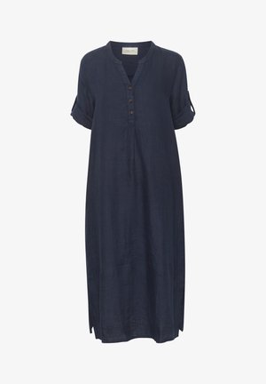 Abito in lino blu navy con scollo a V, maniche corte arrotolate e dettagli con bottoni. Presenta una vestibilità ampia e spacchi laterali per facilitare il movimento.