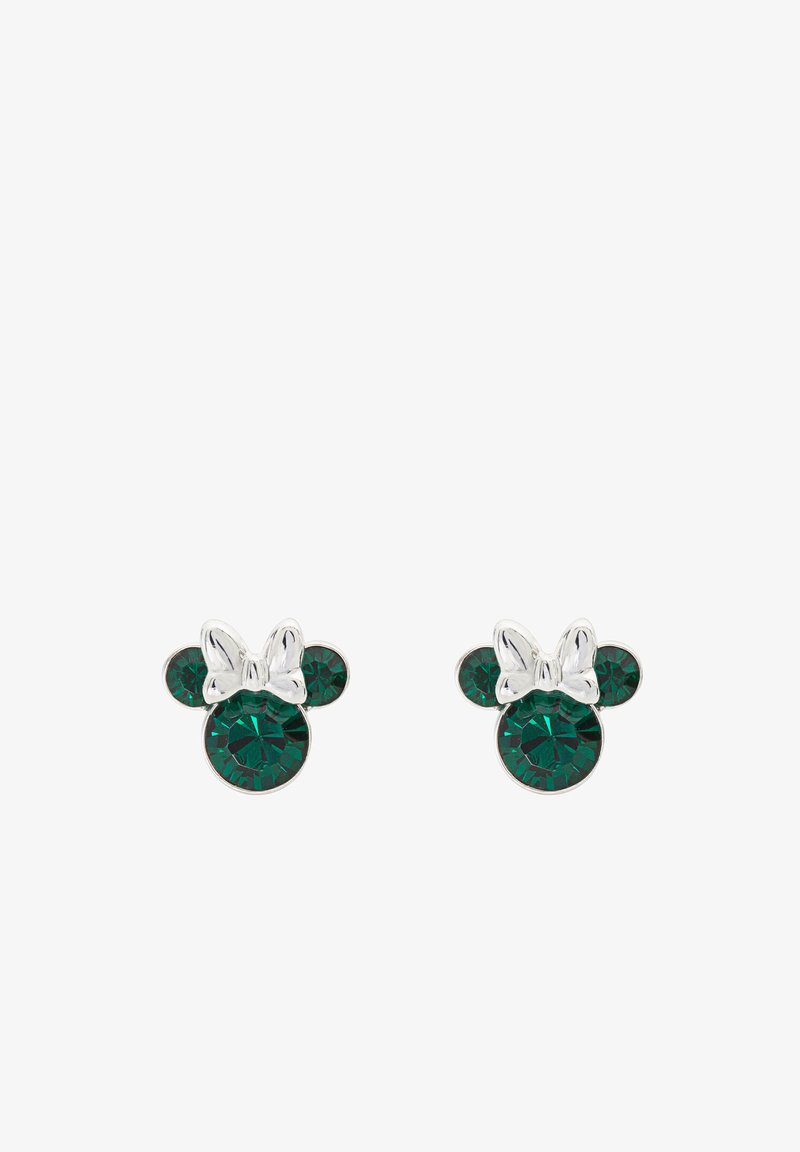 Boucles d'oreilles en forme de Mickey Mouse avec des cristaux verts et des accents en ton argent, ornées d'un petit nœud en haut. Composées de deux pierres circulaires de tailles différentes.