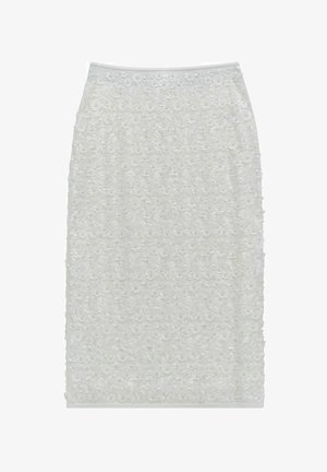 White pencil skirt made of textured material, featuring an intricate floral pattern with raised accents, mid-length hem, and elastic waist.
