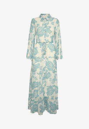 Rochie lungă, ușoară, de culoare crem cu un model paisley turcoaz, având guler, închidere cu nasturi în față, manșete lungi și un cordon în talie.