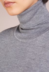 Suéter de cuello alto gris hecho de un suave tejido de punto, con un alto cuello y una textura lisa que presenta sutiles detalles de costura.