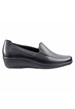 Black leather slip-on shoe with a smooth finish, rounded toe, and low wedge heel. Features elastic side panels for easy wear.