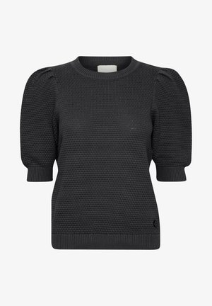 Gebreide zwarte trui met korte puffmouwen, ronde halslijn en geribbelde manchetten en zoom. Geweven stof met subtiele patroon-details.