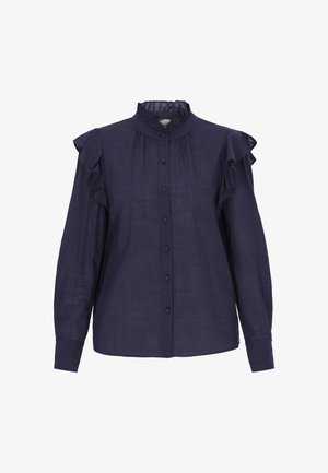 Donkerblauw overhemd met knopen, lange mouwen, gerimpelde accenten op de schouders en een hoge halslijn. Gemaakt van lichtgewicht stof met een gestructureerde afwerking.